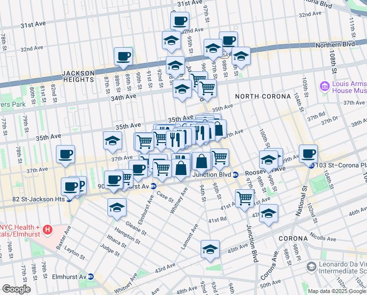 map of restaurants, bars, coffee shops, grocery stores, and more near 3708 Junction Boulevard in Queens