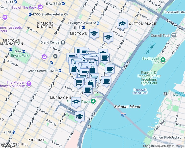 map of restaurants, bars, coffee shops, grocery stores, and more near 303 East 43rd Street in New York
