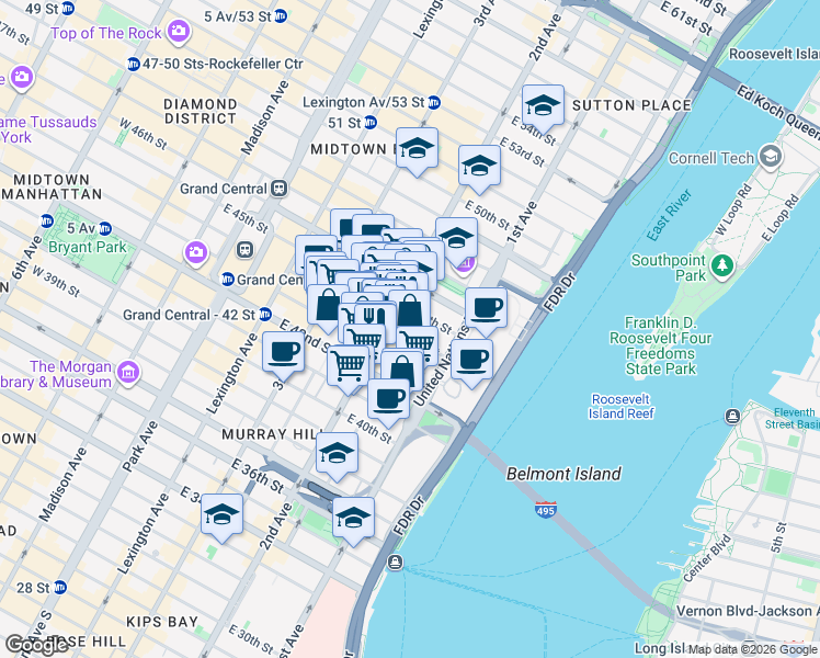 map of restaurants, bars, coffee shops, grocery stores, and more near 303 East 43rd Street in New York