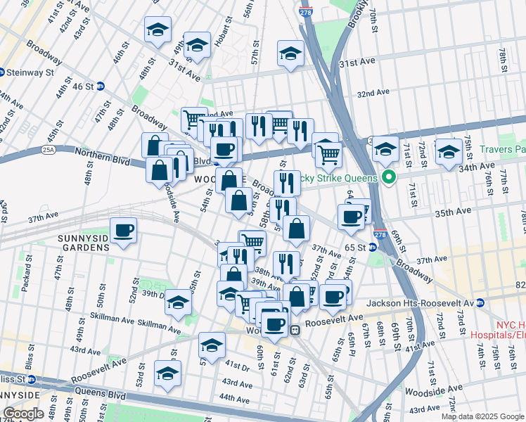map of restaurants, bars, coffee shops, grocery stores, and more near 3665 58th Street in Queens
