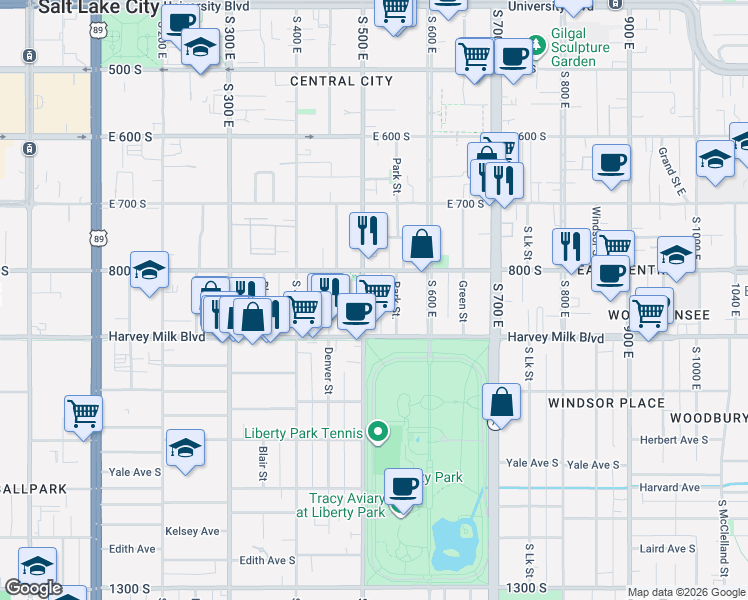 map of restaurants, bars, coffee shops, grocery stores, and more near 860 Park Street in Salt Lake City