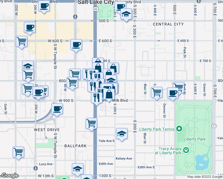 map of restaurants, bars, coffee shops, grocery stores, and more near 857 South Edison Street in Salt Lake City