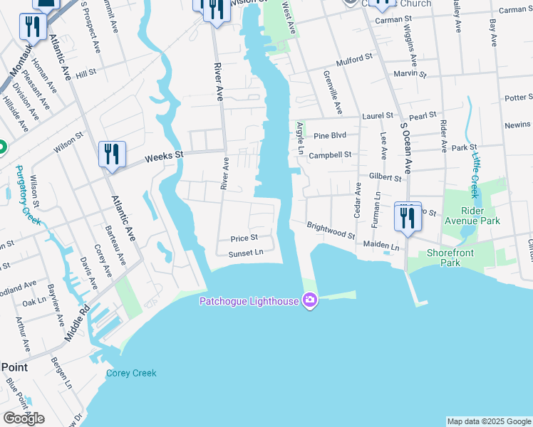 map of restaurants, bars, coffee shops, grocery stores, and more near 61 Price Street in Patchogue