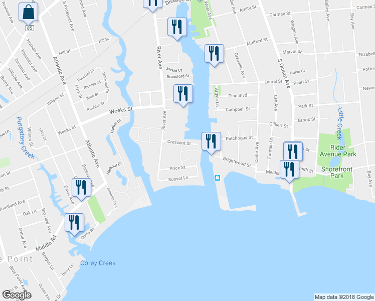map of restaurants, bars, coffee shops, grocery stores, and more near 49943 Sunrise Highway in Patchogue