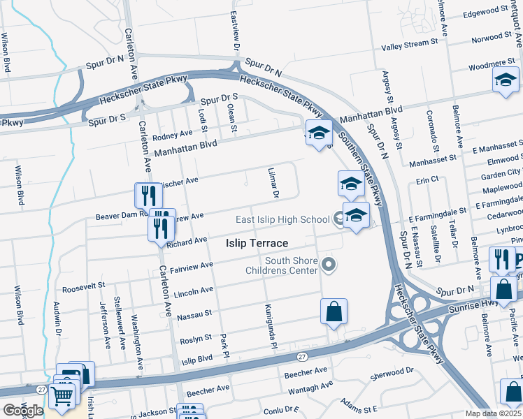 map of restaurants, bars, coffee shops, grocery stores, and more near 59 Richard Avenue in Islip Terrace