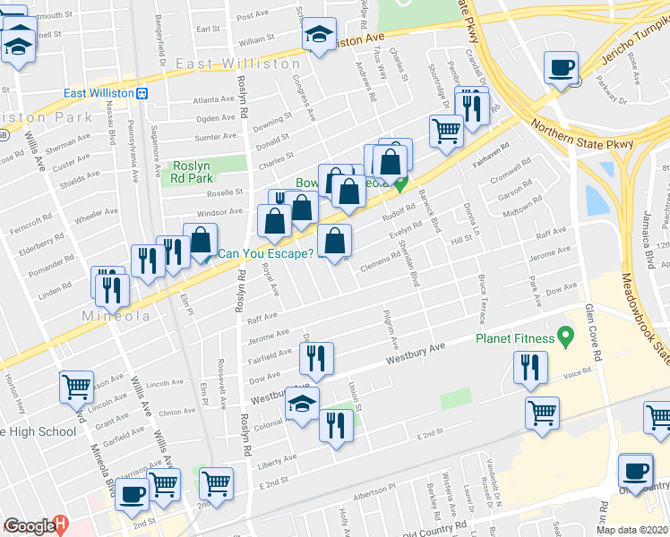 map of restaurants, bars, coffee shops, grocery stores, and more near 207 Pershing Parkway in Mineola