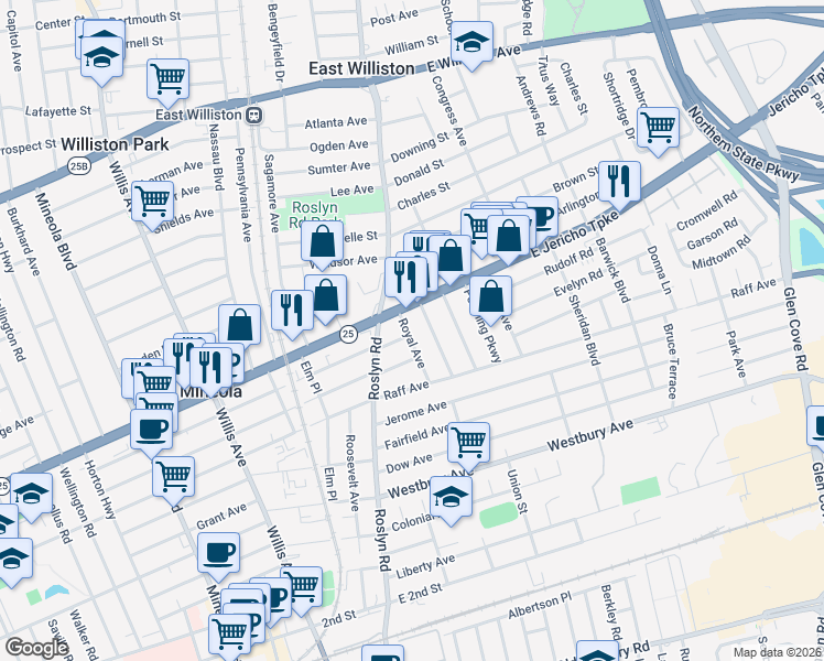 map of restaurants, bars, coffee shops, grocery stores, and more near 247 Royal Avenue in Mineola