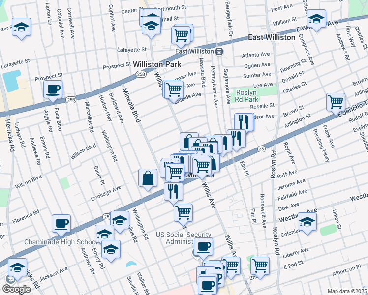 map of restaurants, bars, coffee shops, grocery stores, and more near 185 Linden Road in Mineola