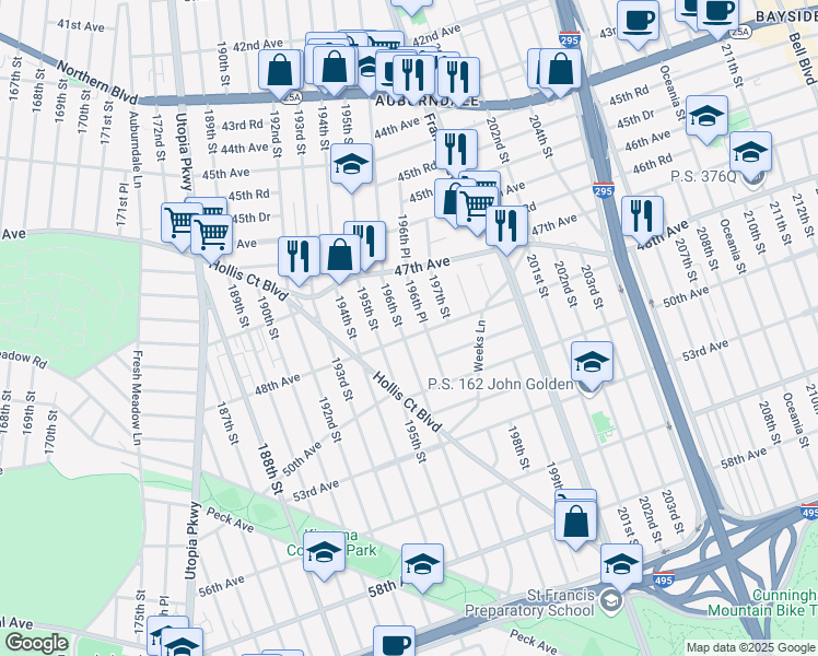 map of restaurants, bars, coffee shops, grocery stores, and more near 48-12 196th Place in Queens