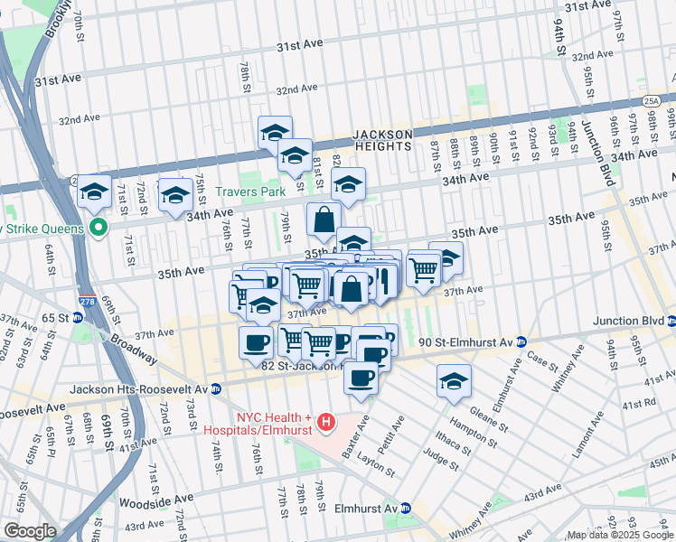 map of restaurants, bars, coffee shops, grocery stores, and more near 3550 81st Street in Queens