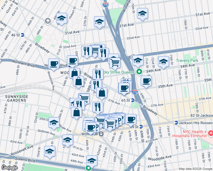 map of restaurants, bars, coffee shops, grocery stores, and more near 34-53 60th Street in Queens