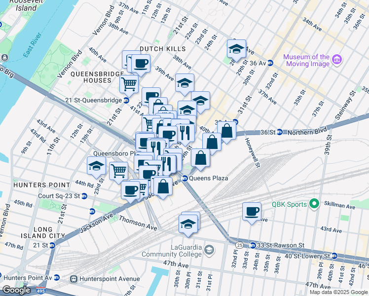 map of restaurants, bars, coffee shops, grocery stores, and more near 29-37 41st Avenue in Queens