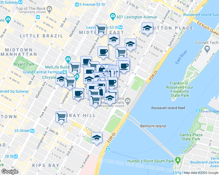 map of restaurants, bars, coffee shops, grocery stores, and more near 303 East 43rd Street in New York