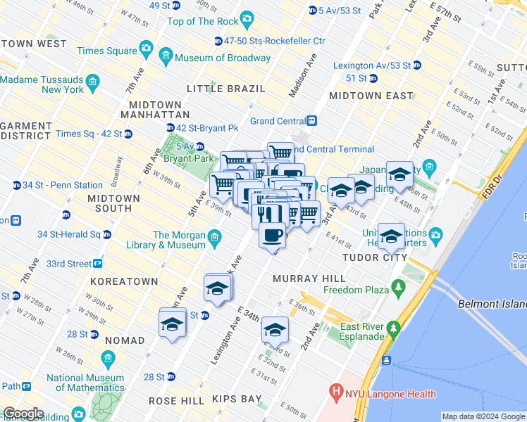 map of restaurants, bars, coffee shops, grocery stores, and more near in New York
