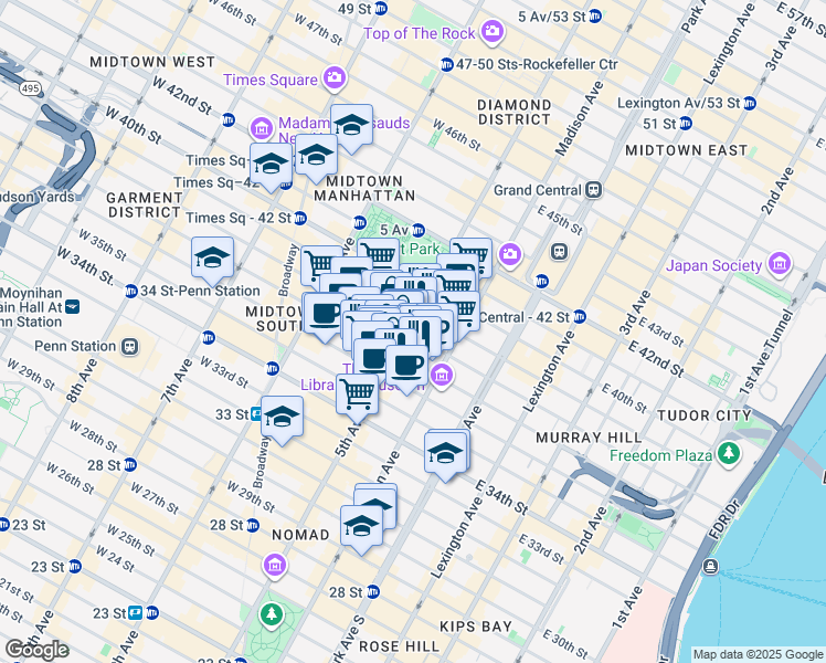 map of restaurants, bars, coffee shops, grocery stores, and more near 1376 West 38th Street in New York