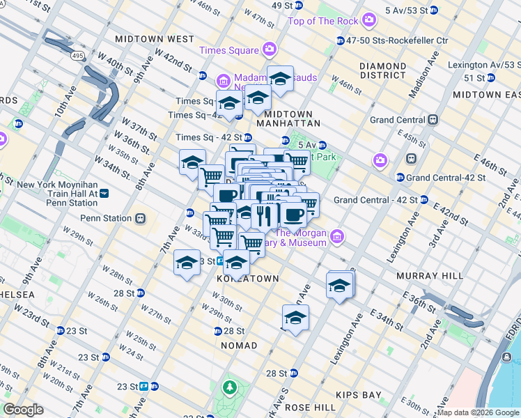 map of restaurants, bars, coffee shops, grocery stores, and more near 60 West 36th Street in New York