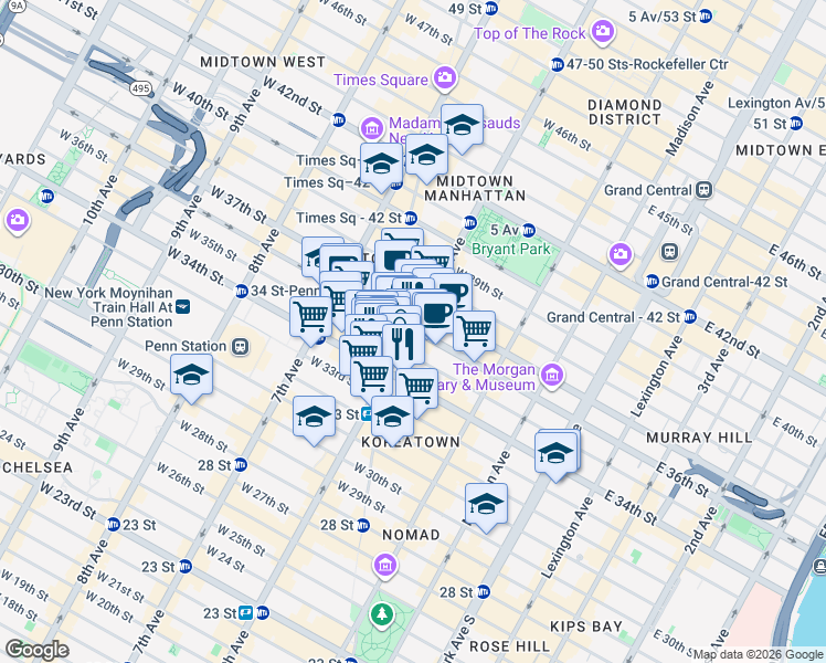map of restaurants, bars, coffee shops, grocery stores, and more near in New York