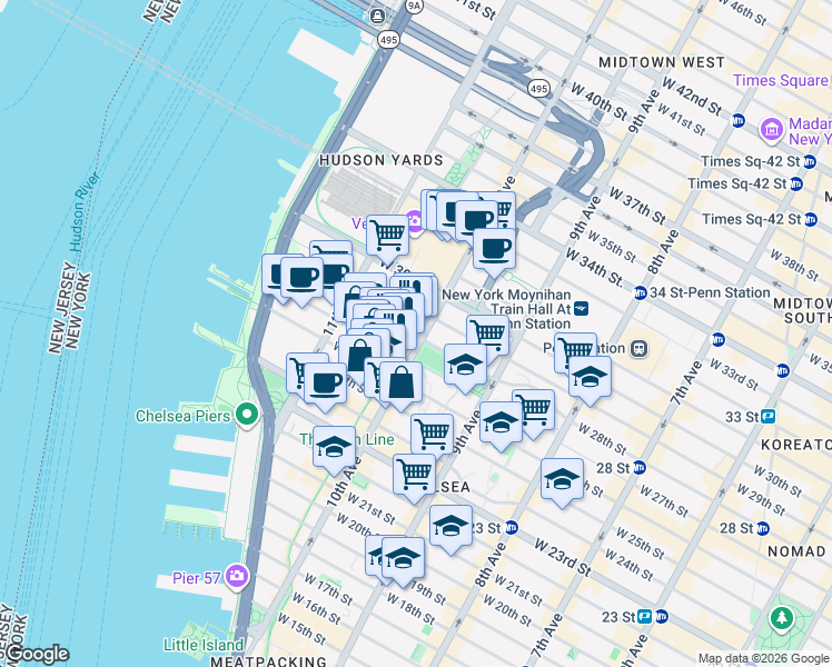map of restaurants, bars, coffee shops, grocery stores, and more near in New York
