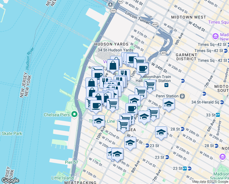 map of restaurants, bars, coffee shops, grocery stores, and more near 501 West 28th Street in New York