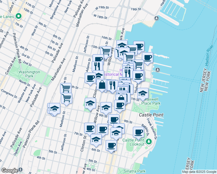 map of restaurants, bars, coffee shops, grocery stores, and more near 216 11th Street in Hoboken