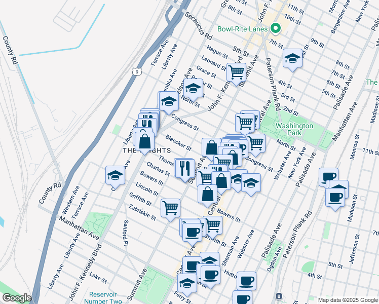 map of restaurants, bars, coffee shops, grocery stores, and more near 186-188 South Street in Jersey City