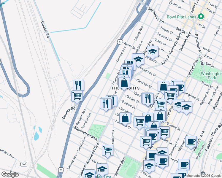 map of restaurants, bars, coffee shops, grocery stores, and more near 403 County Road 647 in Jersey City