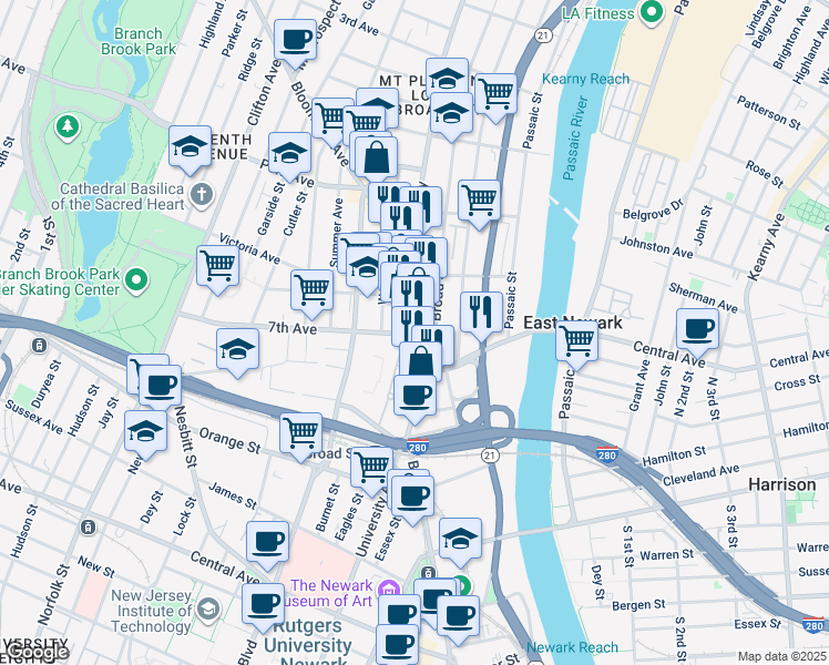 map of restaurants, bars, coffee shops, grocery stores, and more near 2 Clay Street in Newark