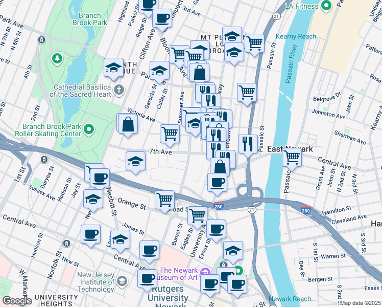 map of restaurants, bars, coffee shops, grocery stores, and more near in Newark