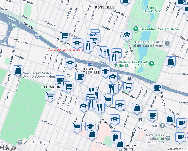 map of restaurants, bars, coffee shops, grocery stores, and more near 63 North 6th Street in Newark