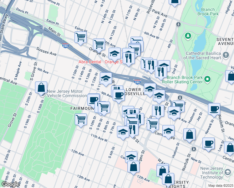 map of restaurants, bars, coffee shops, grocery stores, and more near 26 North 7th Street in Newark