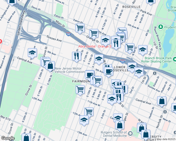 map of restaurants, bars, coffee shops, grocery stores, and more near 114 South 12th Street in Newark