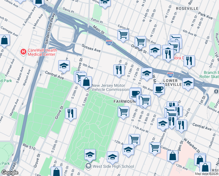 map of restaurants, bars, coffee shops, grocery stores, and more near 613-619 Central Avenue in Newark