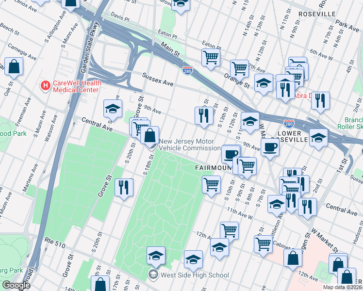 map of restaurants, bars, coffee shops, grocery stores, and more near 613-619 Central Avenue in Newark