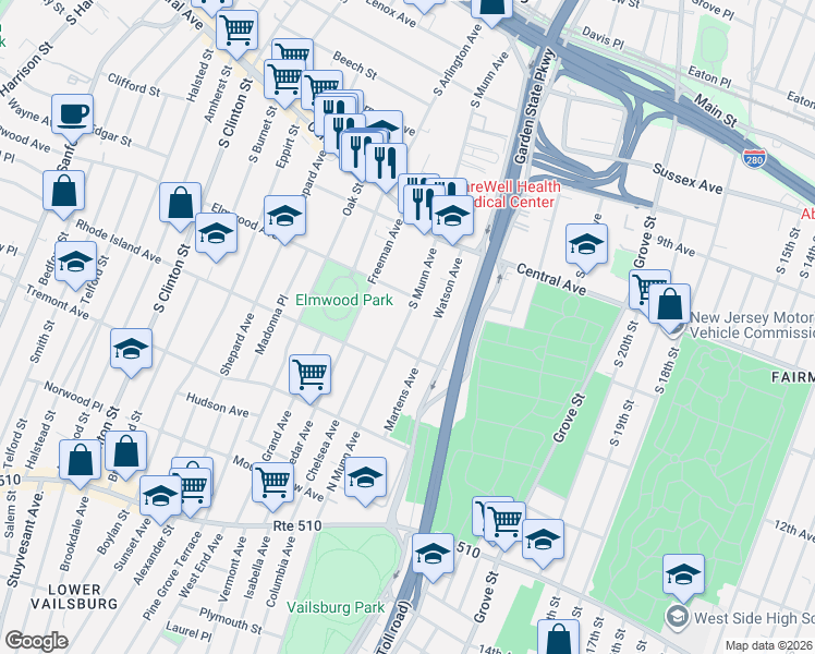 map of restaurants, bars, coffee shops, grocery stores, and more near 91 Watson Avenue in East Orange