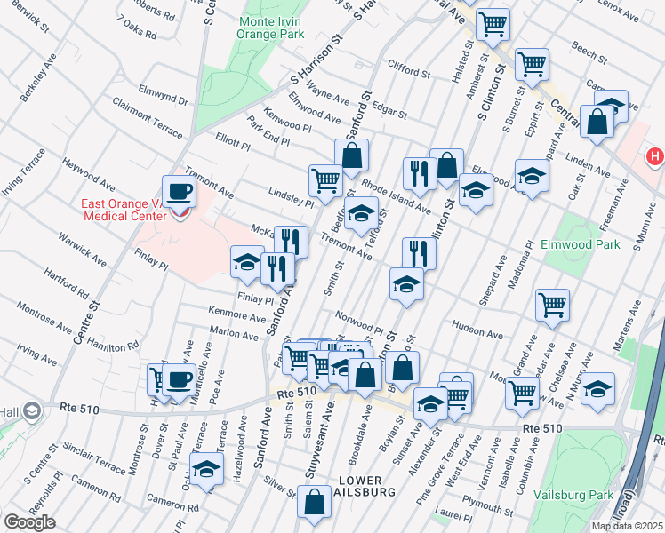 map of restaurants, bars, coffee shops, grocery stores, and more near 37 Smith Street in Newark