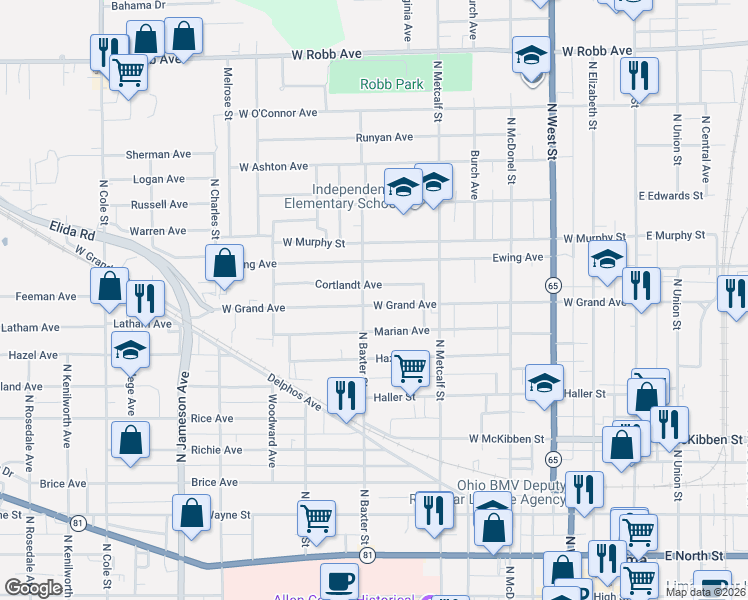 map of restaurants, bars, coffee shops, grocery stores, and more near 555 West Grand Avenue in Lima