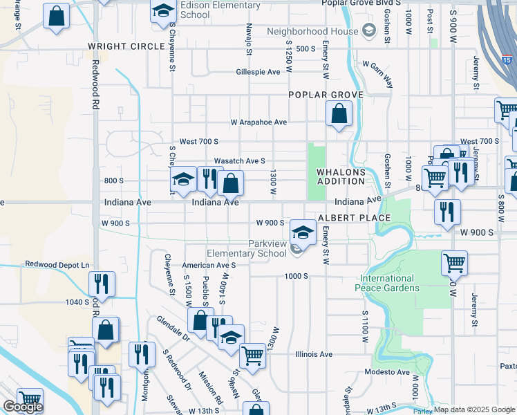 map of restaurants, bars, coffee shops, grocery stores, and more near 1325 West Indiana Avenue in Salt Lake City