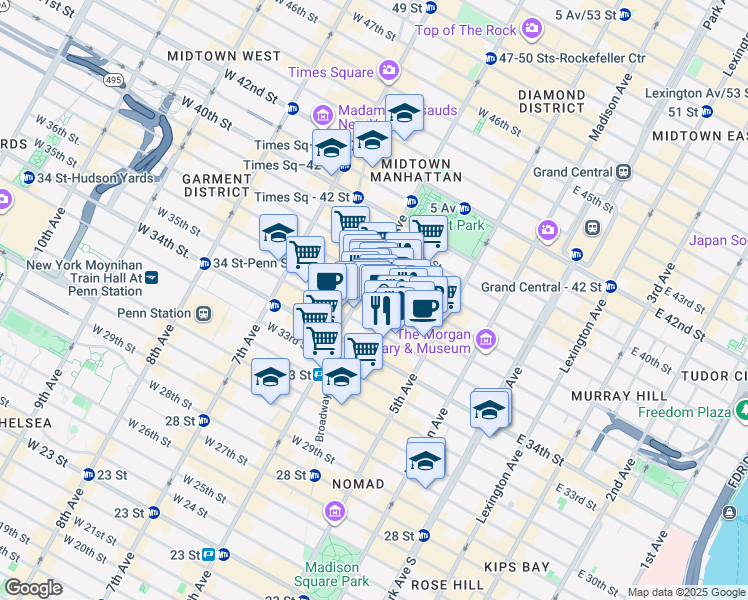 map of restaurants, bars, coffee shops, grocery stores, and more near 65 West 36th Street in New York