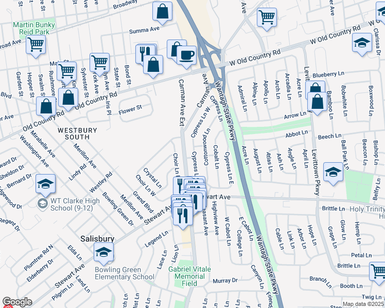 map of restaurants, bars, coffee shops, grocery stores, and more near 7 Cardinal Lane in Westbury