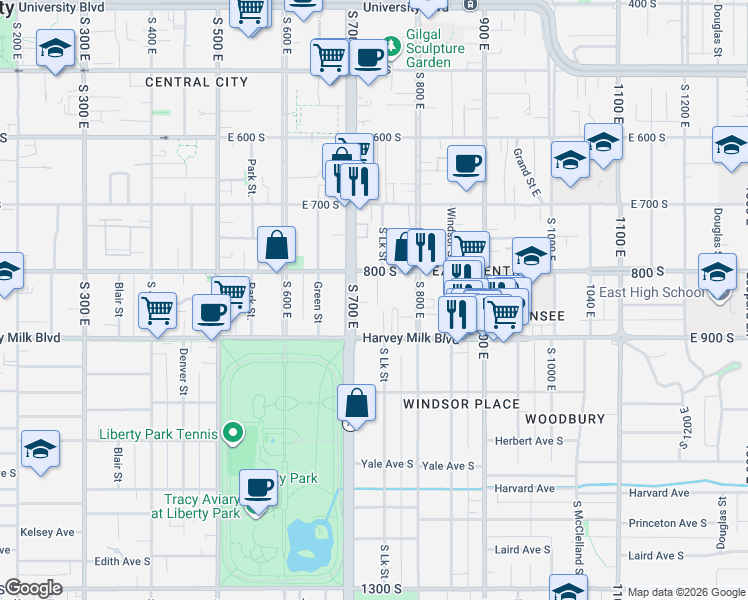 map of restaurants, bars, coffee shops, grocery stores, and more near 822 South Lake Street in Salt Lake City