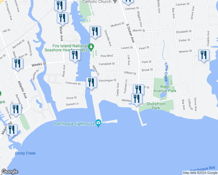map of restaurants, bars, coffee shops, grocery stores, and more near 15 Roosevelt Avenue in East Patchogue