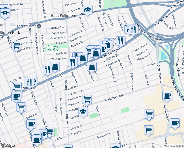 map of restaurants, bars, coffee shops, grocery stores, and more near 207 Pershing Parkway in Mineola