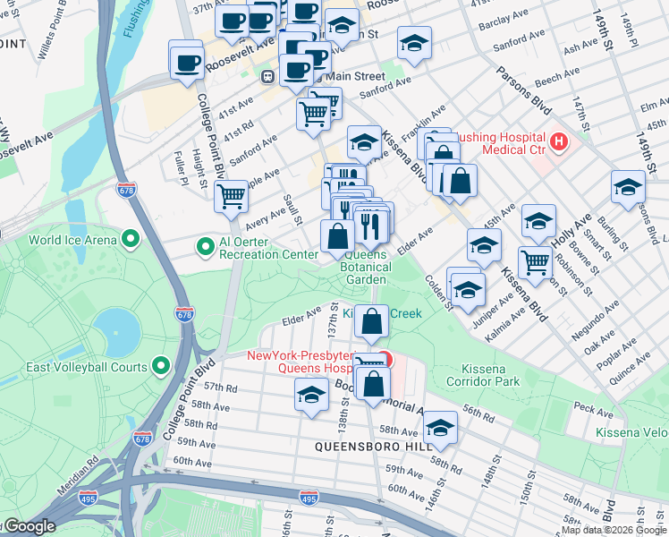 map of restaurants, bars, coffee shops, grocery stores, and more near 43-50 Main Street in Queens