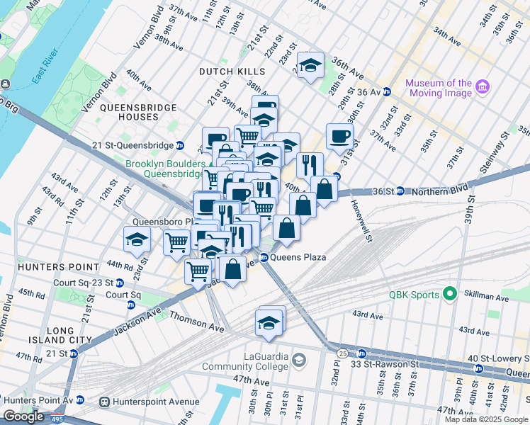 map of restaurants, bars, coffee shops, grocery stores, and more near 29-37 41st Avenue in Queens
