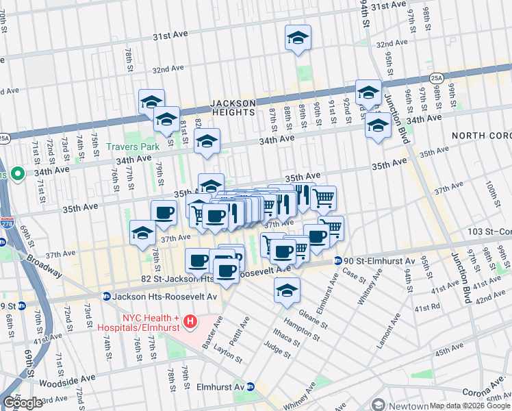 map of restaurants, bars, coffee shops, grocery stores, and more near 85-15 37th Avenue in Queens