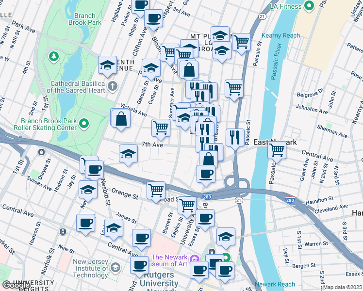map of restaurants, bars, coffee shops, grocery stores, and more near in Newark