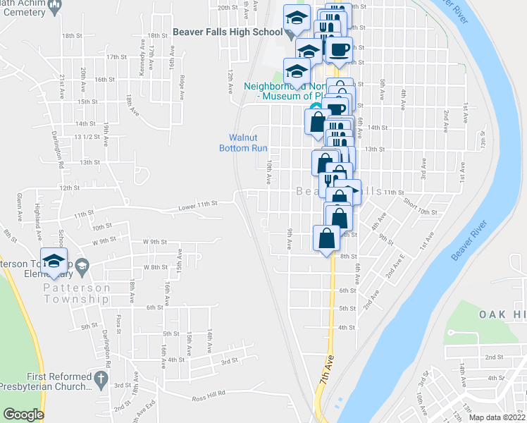 map of restaurants, bars, coffee shops, grocery stores, and more near 1022 10th Street in Beaver Falls