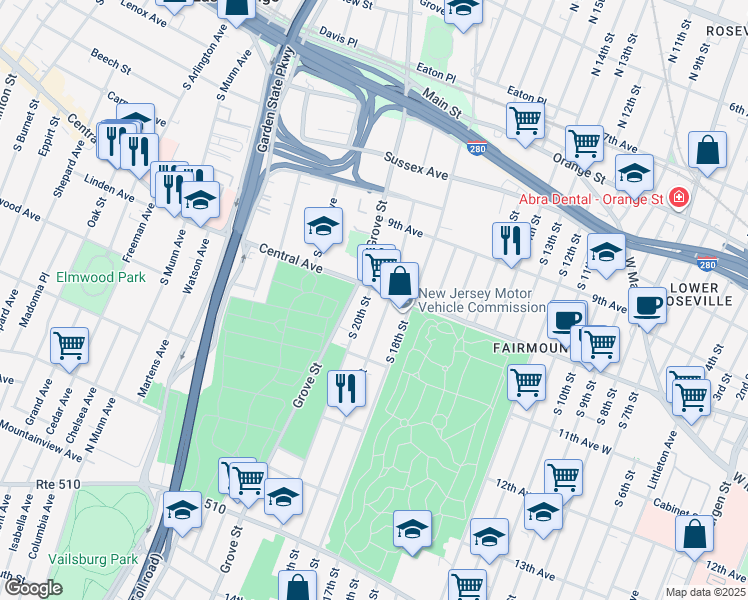 map of restaurants, bars, coffee shops, grocery stores, and more near 187 Hollywood Avenue in East Orange