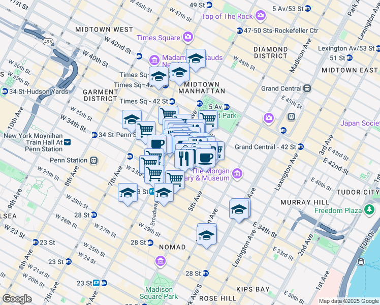 map of restaurants, bars, coffee shops, grocery stores, and more near 60 West 36th Street in New York