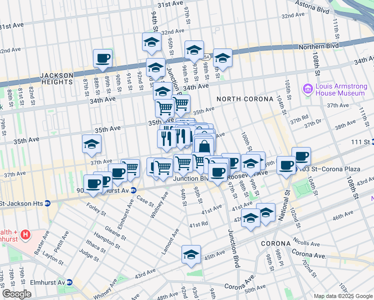 map of restaurants, bars, coffee shops, grocery stores, and more near 37-21 95th Street in Queens
